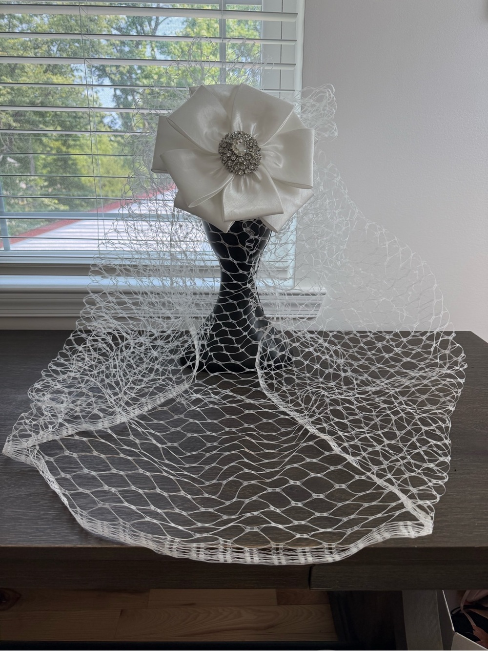 Whittall & Shon White Rhinestone Bow Veil Statement Hat